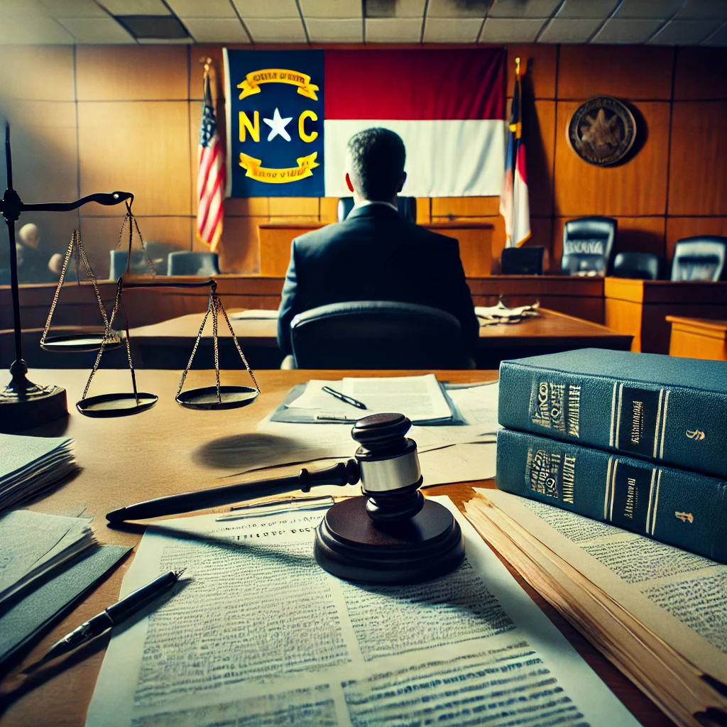 Defense attorney facing a judge in a North Carolina courtroom, depicting a tense legal battle with documents scattered around, symbolizing the urgency and complexity of ensuring a fair trial.