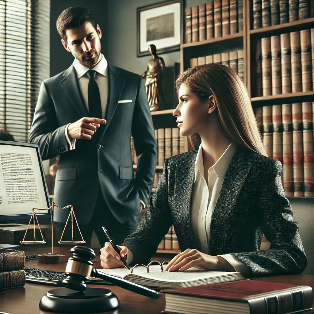 A female paralegal speaking with a criminal defense investigator while she sits at her desk