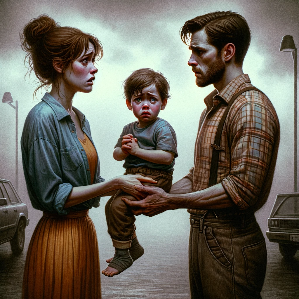 father and mother exchanging a child