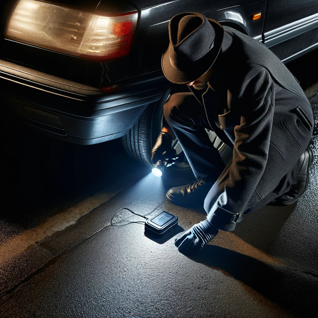 Private investigator placing a GPS tracking device beneath a car