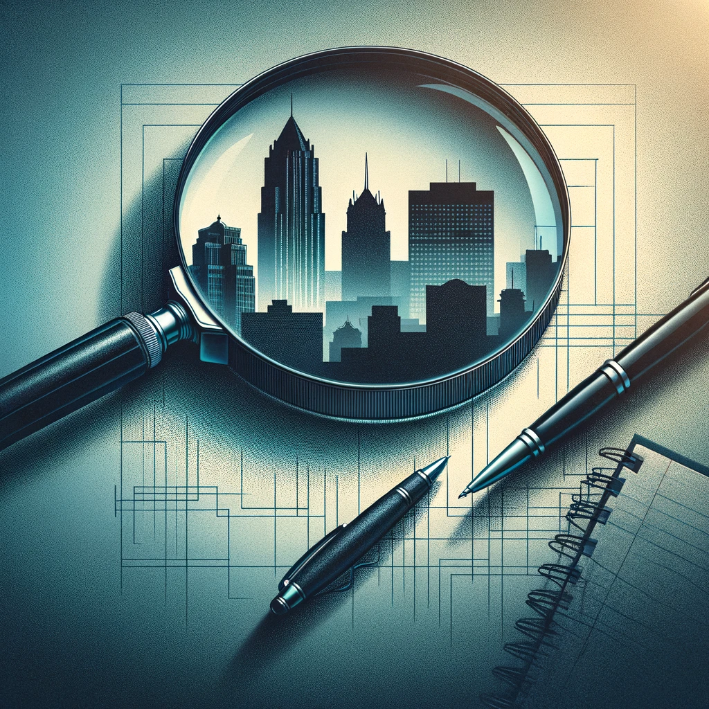 Private investigator magnifying glass enlarging city skyline