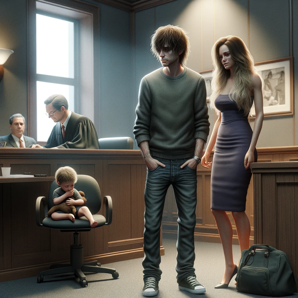 father and mother and child in courtroom for custody dispute