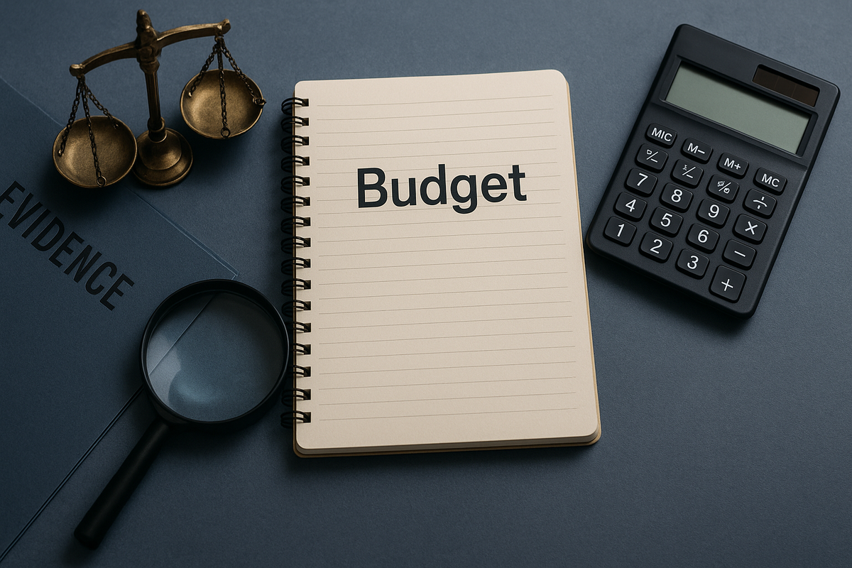 Overhead shot of an investigator’s desk: beige notebook titled “Budget” flanked by brass scales, calculator, “EVIDENCE” folder, and magnifying glass on a navy surface, leaving space for logo.