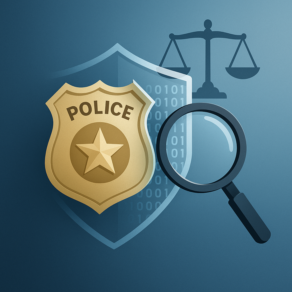 Graphic showing a gold police badge, magnifying glass, binary code, and justice scales on a blue gradient background, symbolizing impartial investigations.