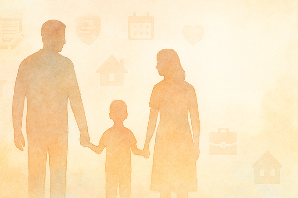Watercolor-style banner showing silhouettes of two parents holding a child’s hands, set against a pastel background with faint icons.
