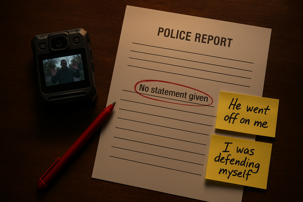 Body cam paused beside police report with "no statement given" and quotes on yellow sticky notes.